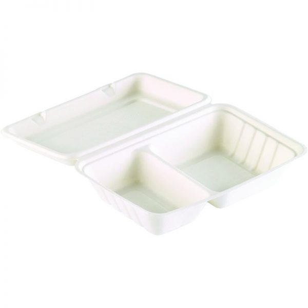 Carton de 400 Boites repas bagasse blanches 2 compartiments 25.1x16,2x6,1cm