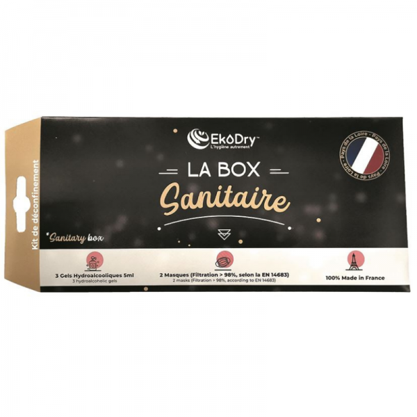 Box sanitaire 2 masques EN14683 + 3 doses 5ml gel hydroalcoolique carton de 75