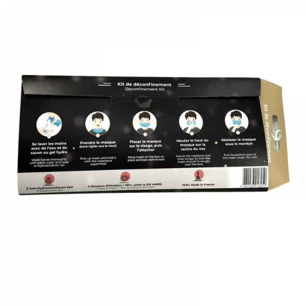 Box sanitaire 2 masques EN14683 + 3 doses 5ml gel hydroalcoolique carton de 75