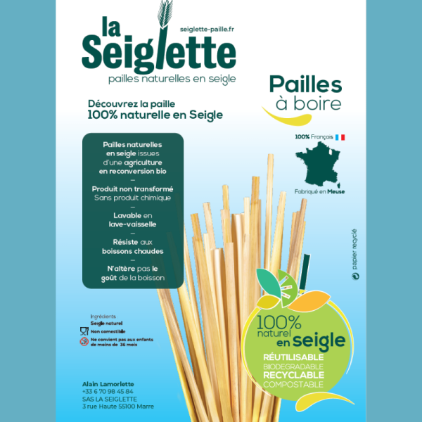 Pailles biodegradables en seigle 15/17cm diametre 4/6mm La Seiglette paquet de 100