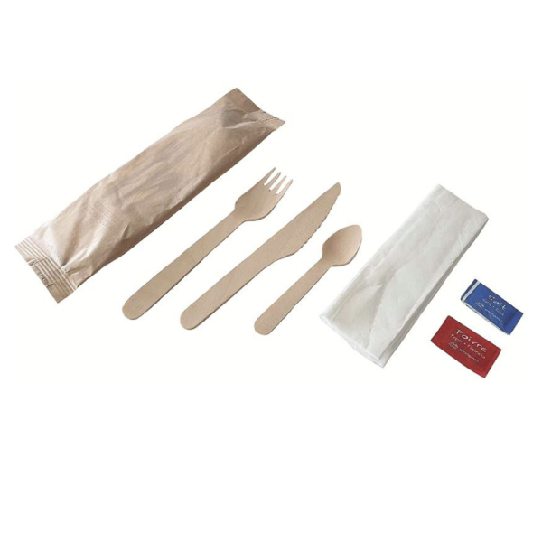 Carton de 250 Kits couverts bois 6/1 fourchette couteau cuillere serviette sel poivre