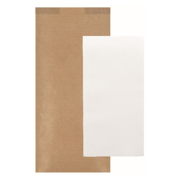 Pochette couverts kraft 11x25cm avec serviette airlaid 2 plis blanche 40x32cm - carton de 300