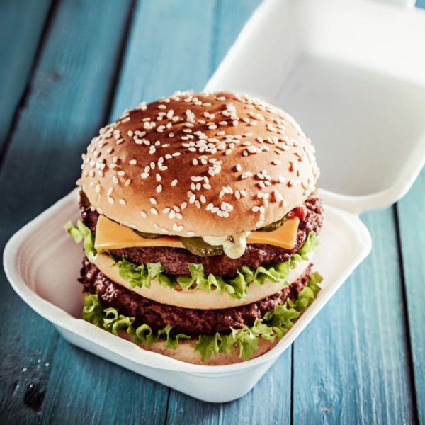 Boite repas hamburger bagasse blanc 14,9x15,6x7,7cm - carton de 600